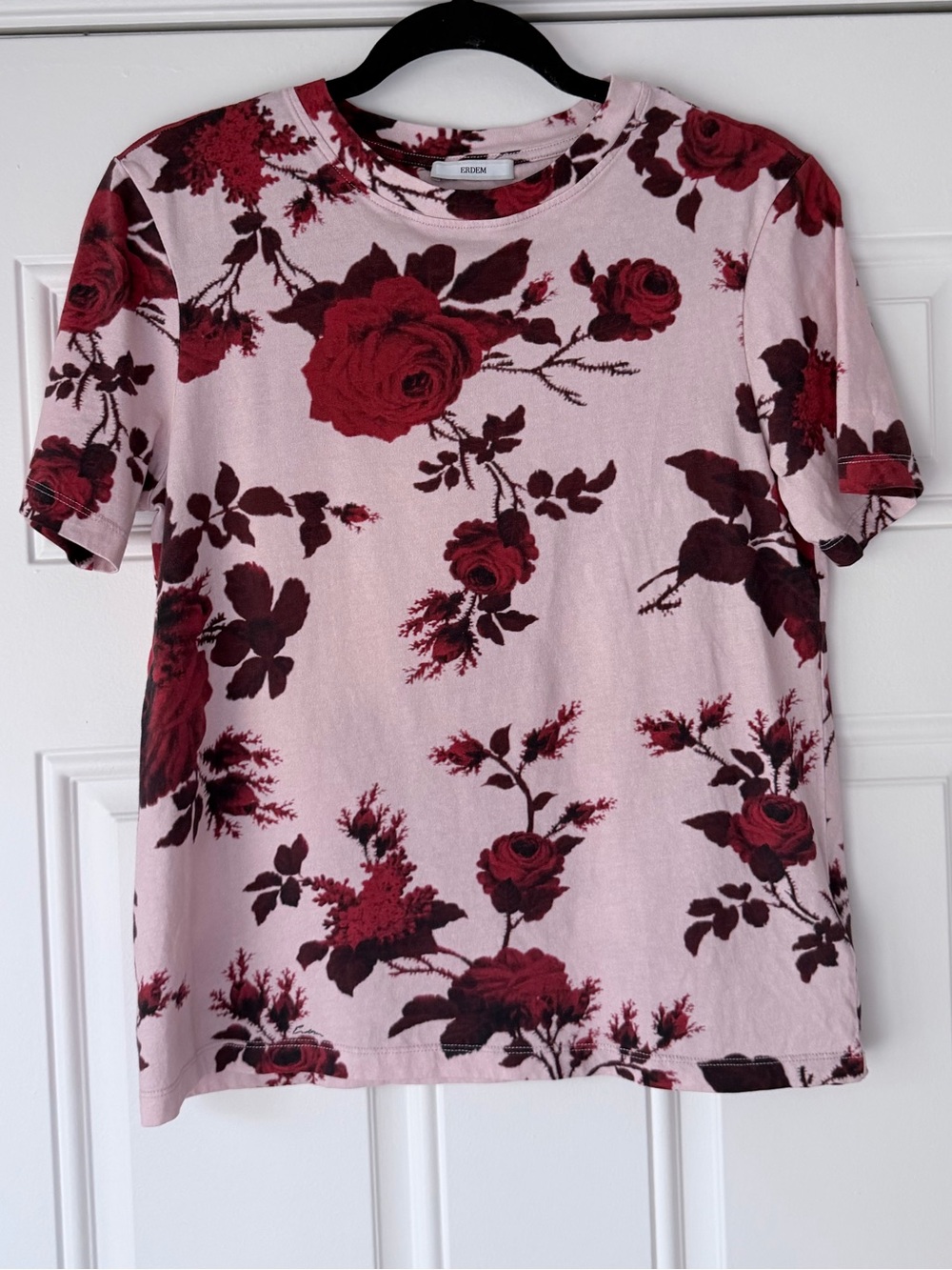 ERDEM SIZE S Hettie Jersey Floral Print T-Shirt TOP TEE ROSE PINK RED blouse